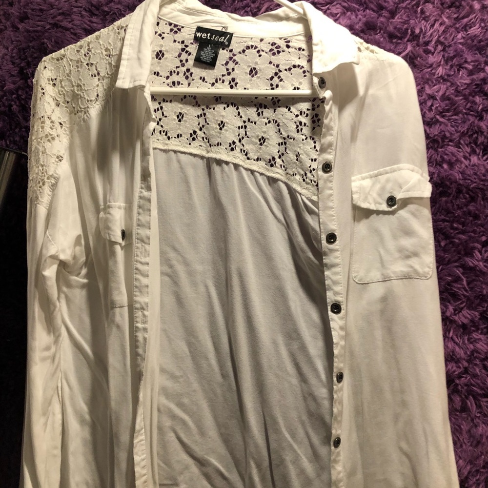 Wet Seal: Cream Lace Top Button Up Shirt